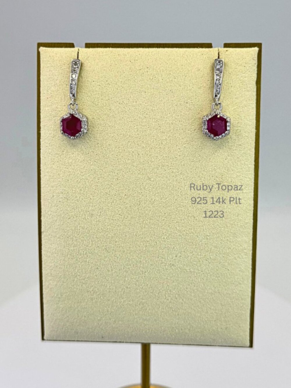 Natural Ruby & White Topaz Hexagon Dangle Earrings 925 Sterling Silver 14K Gold